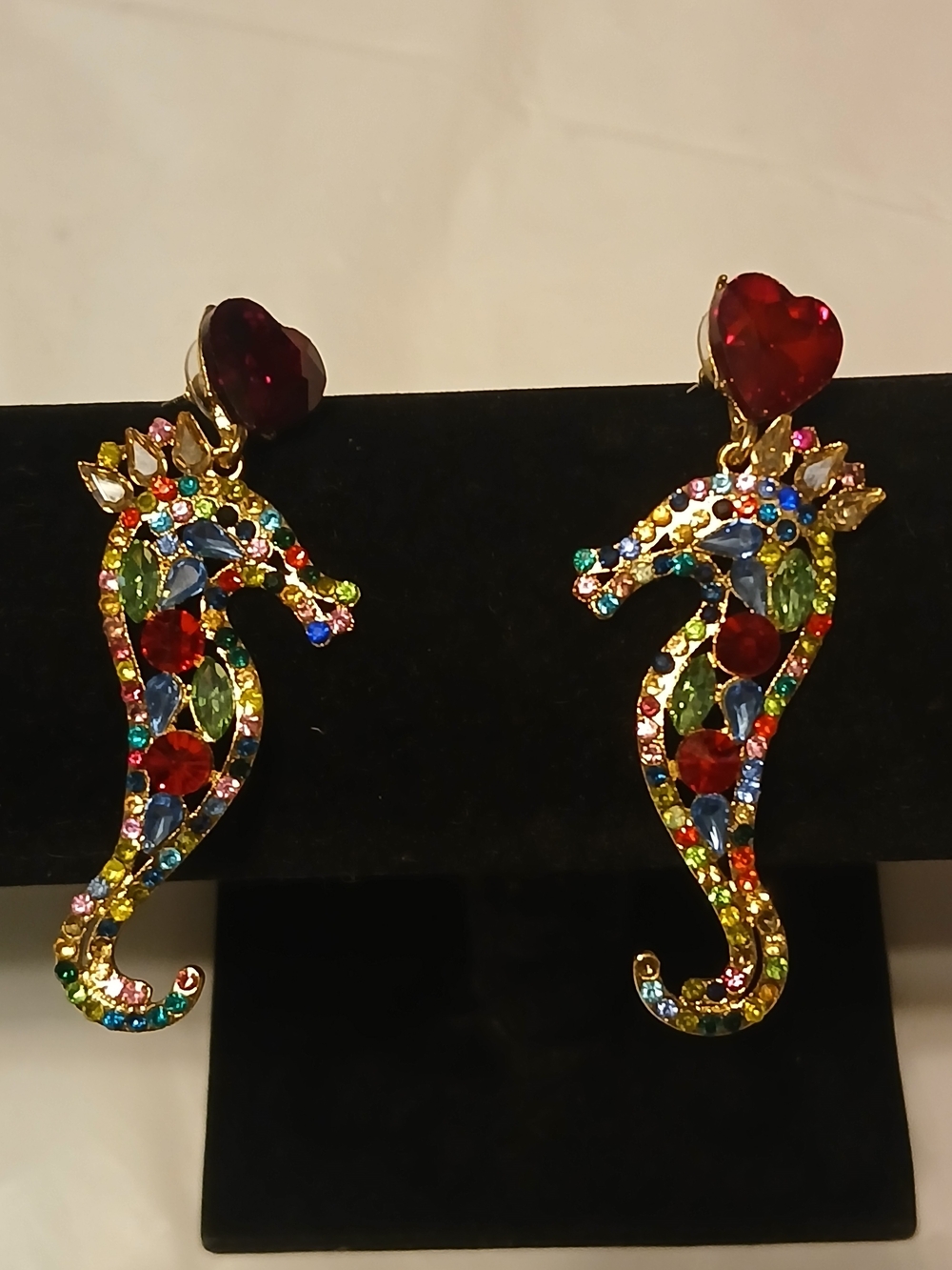 Vintage Multicolor Seahorse Drop Earrings with Red Heart Accent